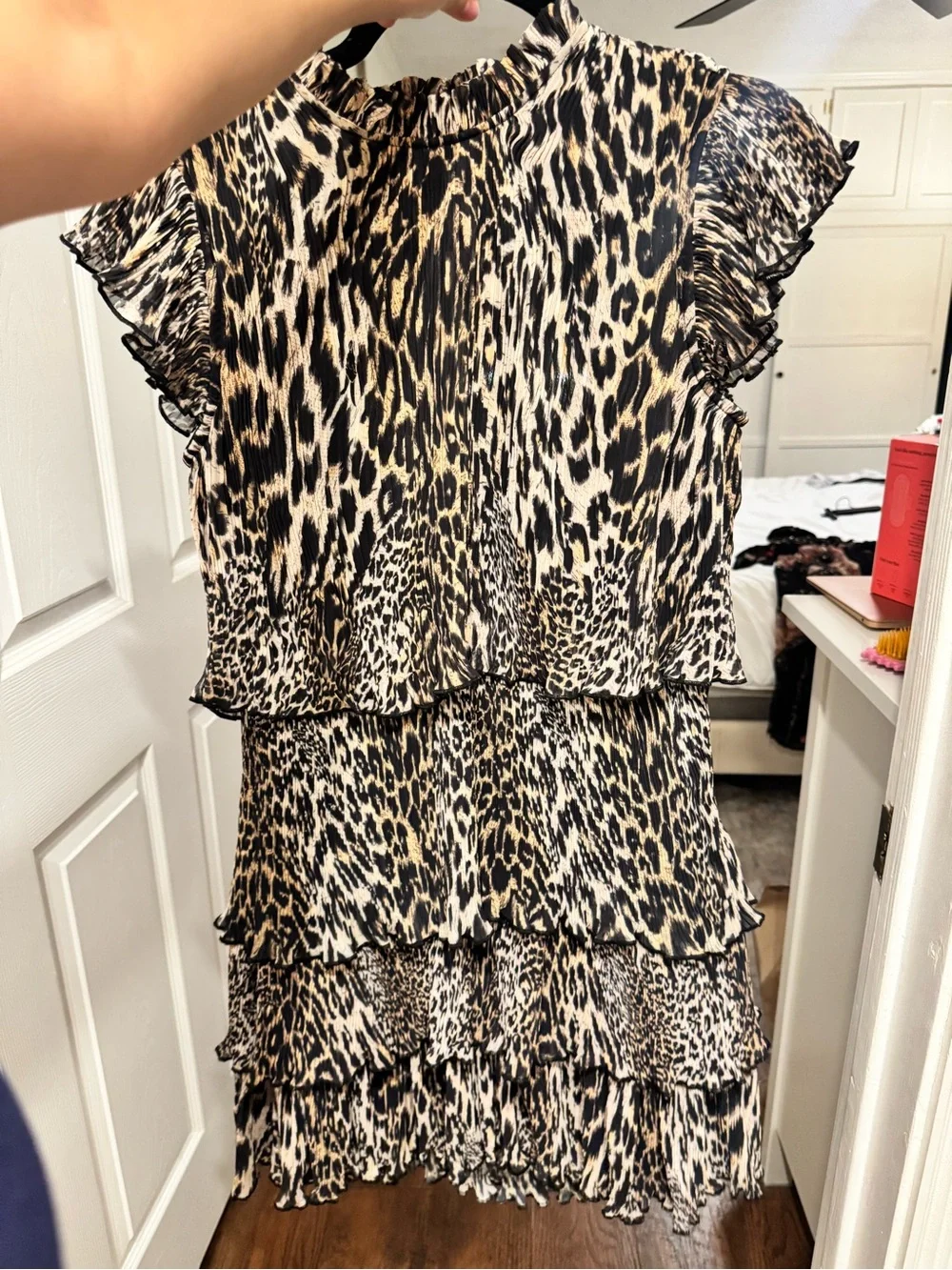 All Saints Leopard-Print Tiered Mini Dress in Black and Cream - Picture 1 of 5